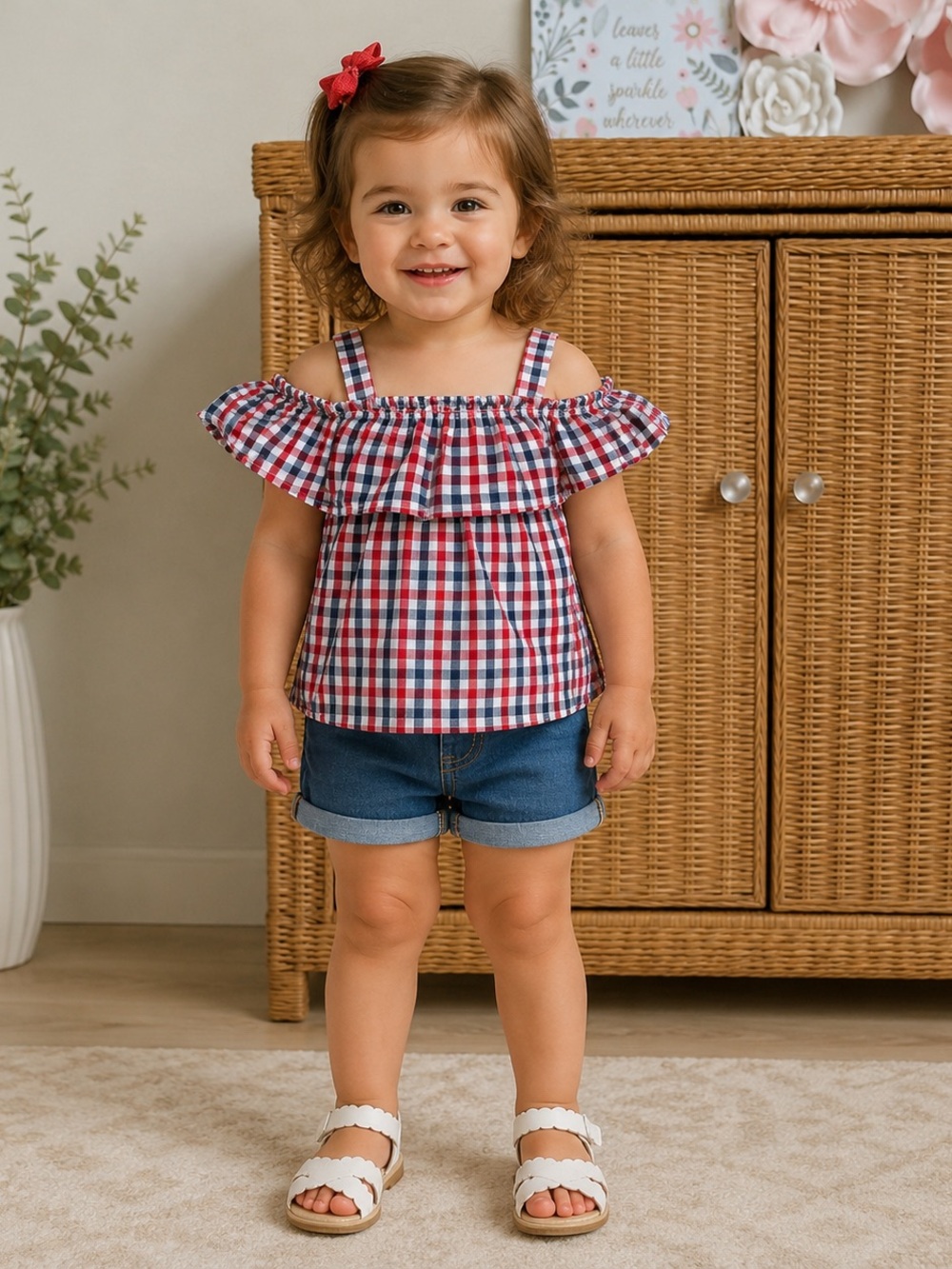 Toddler Girls' Red, White & Blue Gingham Cold-Shoulder Top